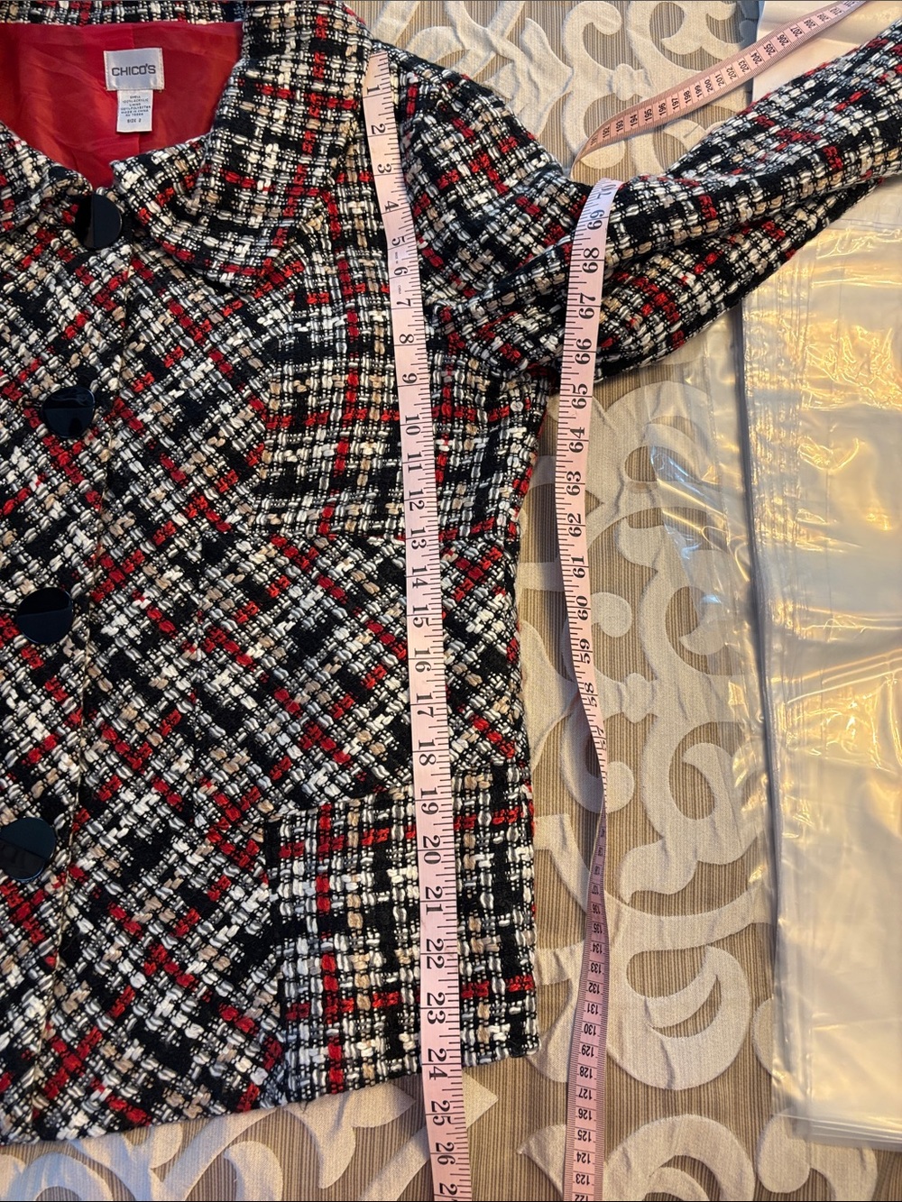 Chico's Black, White & Red Plaid Tweed Pea Coat - Picture 5 of 6
